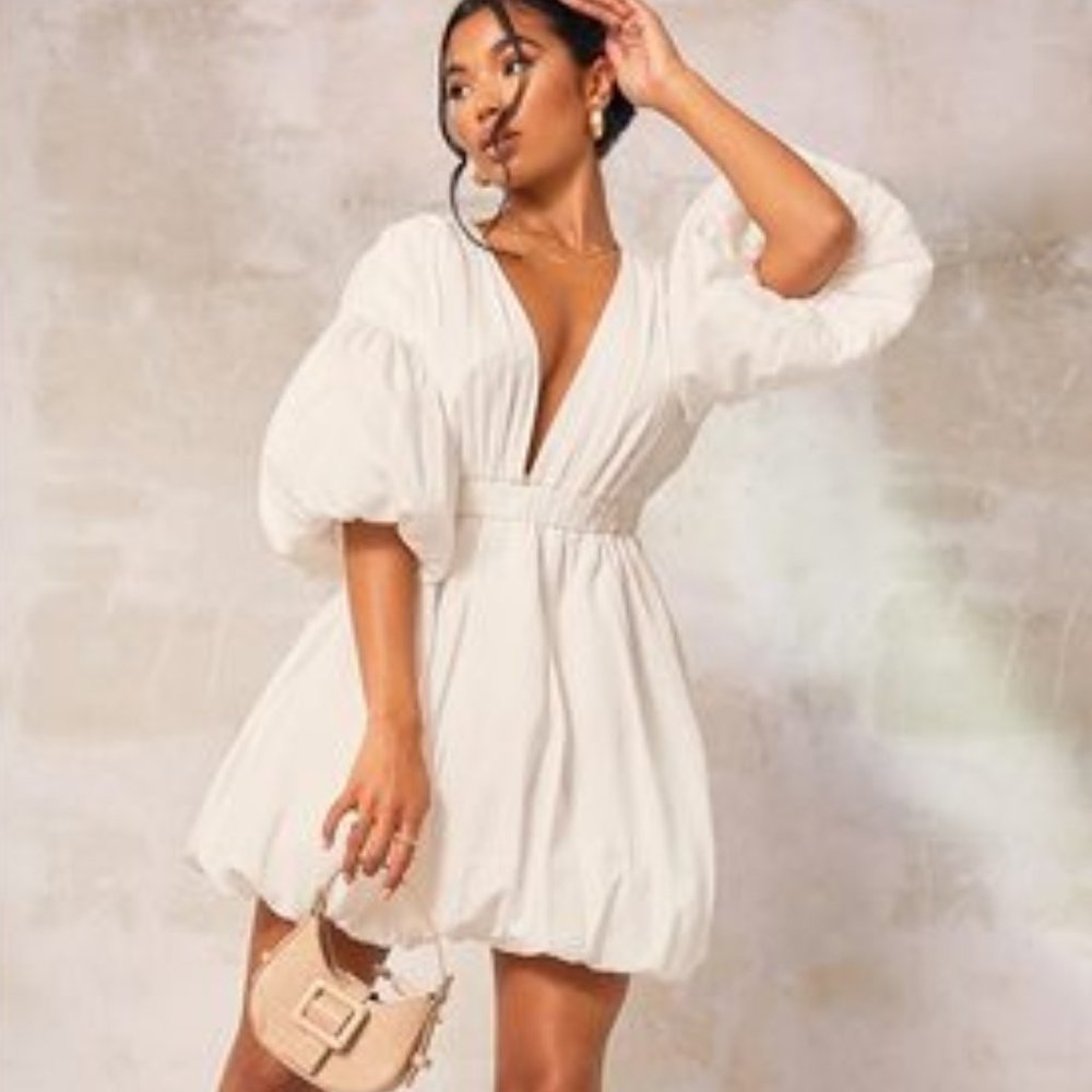White Puff Sleeve Puffball Hem Shift Dress